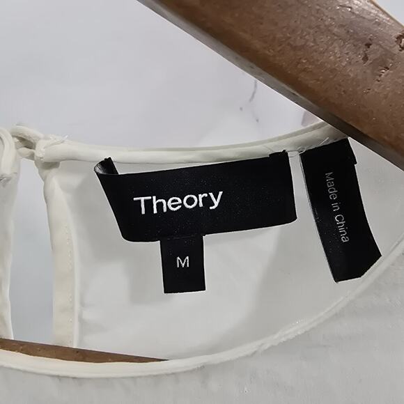 Theory Shirt Womens Medium White Silk Blouse Bell Flare Keyhole Ruffle Peplum - Picture 3 of 13